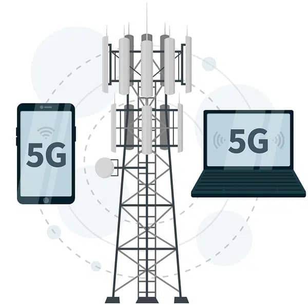 5G communication tower with smartphone and laptop connection illustration